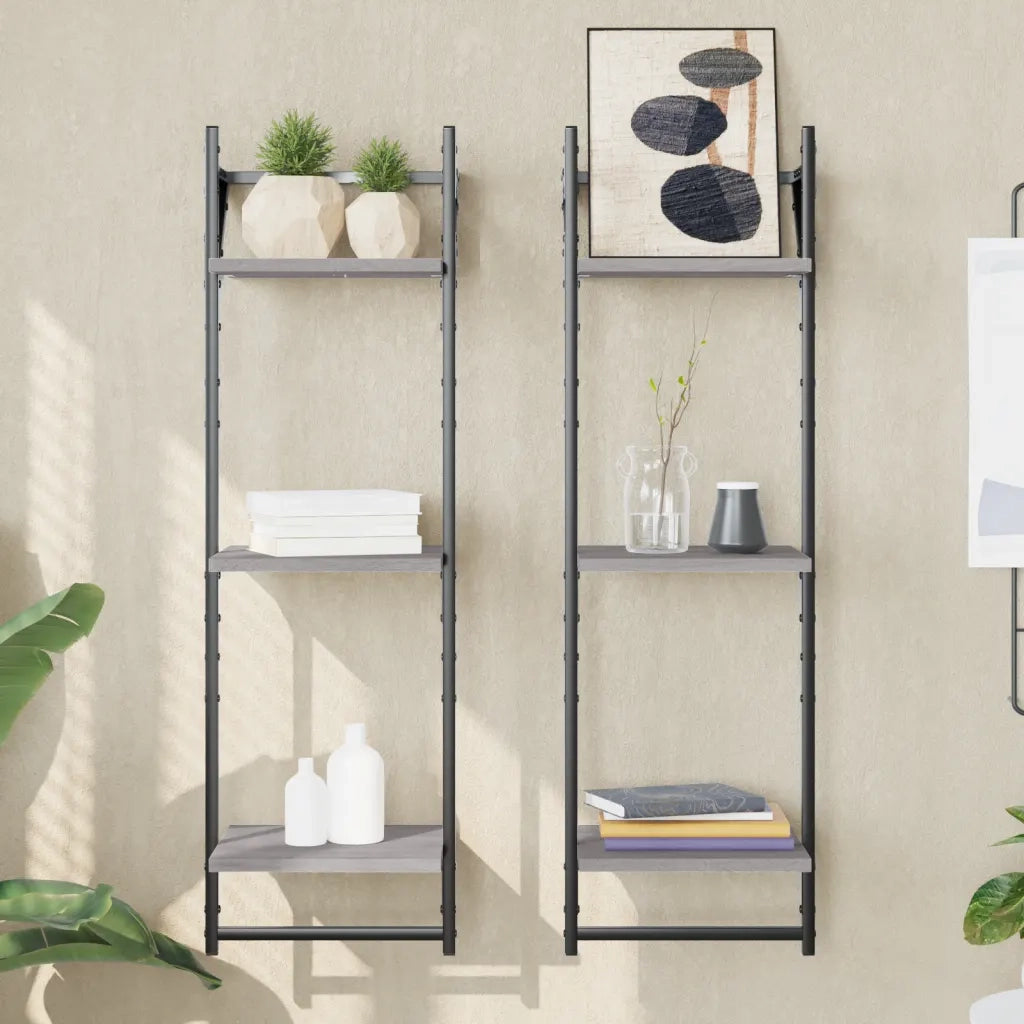 2 pz Mensole a Parete | Scaffale Parete | Ripiano a parete con Aste Grigio Sonoma 30x25x100 cm