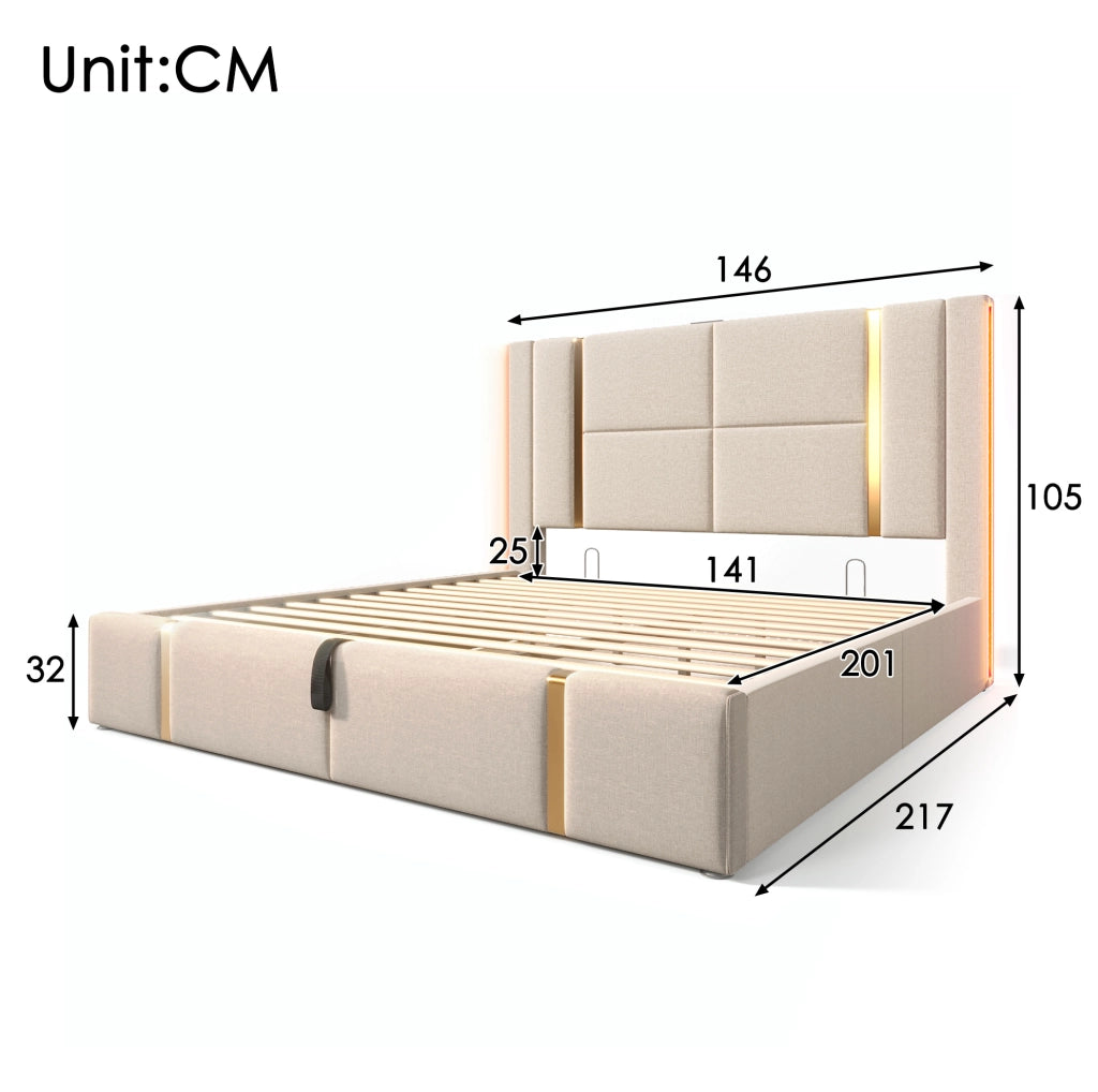 Letto matrimoniale imbottito con LED, USB e USB-C, contenitore e materasso incluso