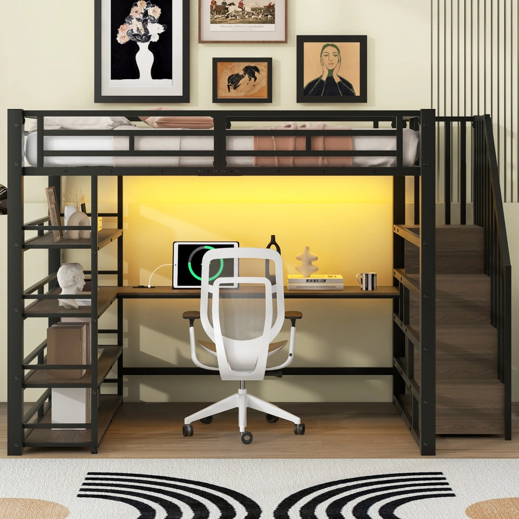Letto a soppalco 140x200 cm con scrivania; scala contenitore; stazione USB e illuminazione LED; metallo nero