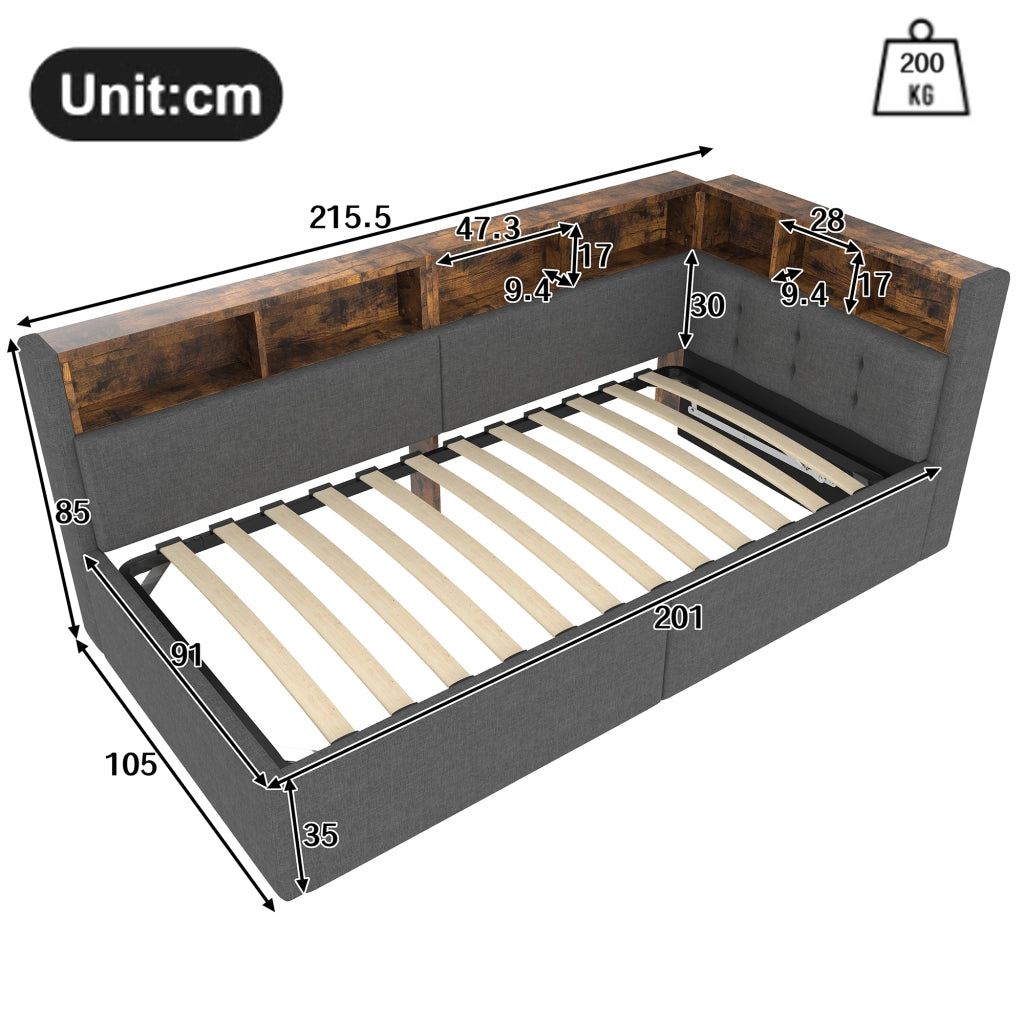 Tagesbett con funzione di stoccaggio idraulica in lino grigio 90x200 cm