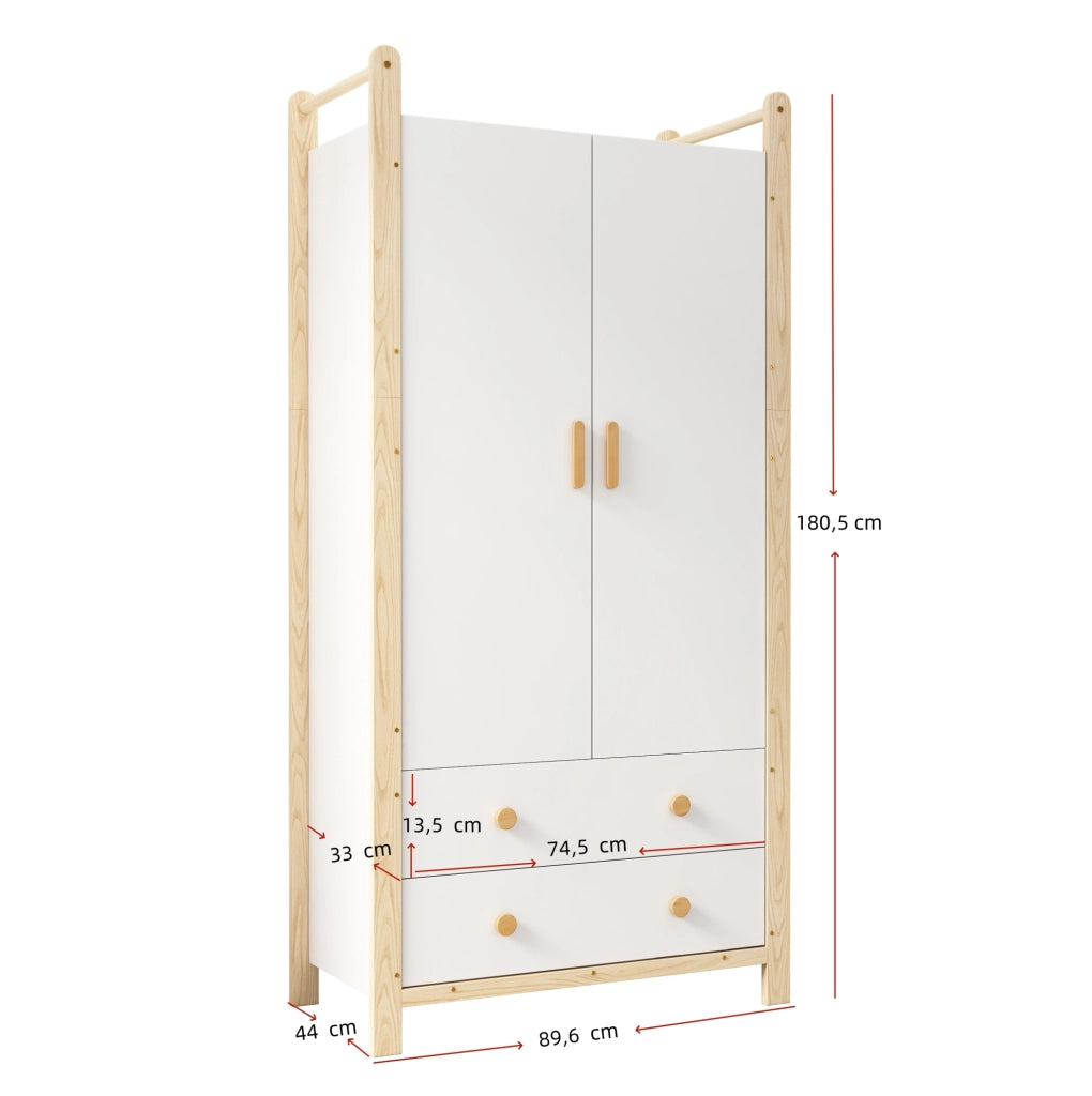 Armadio a 2 ante con barra appendiabiti e 2 cassetti in legno e MDF colore naturale e bianco
