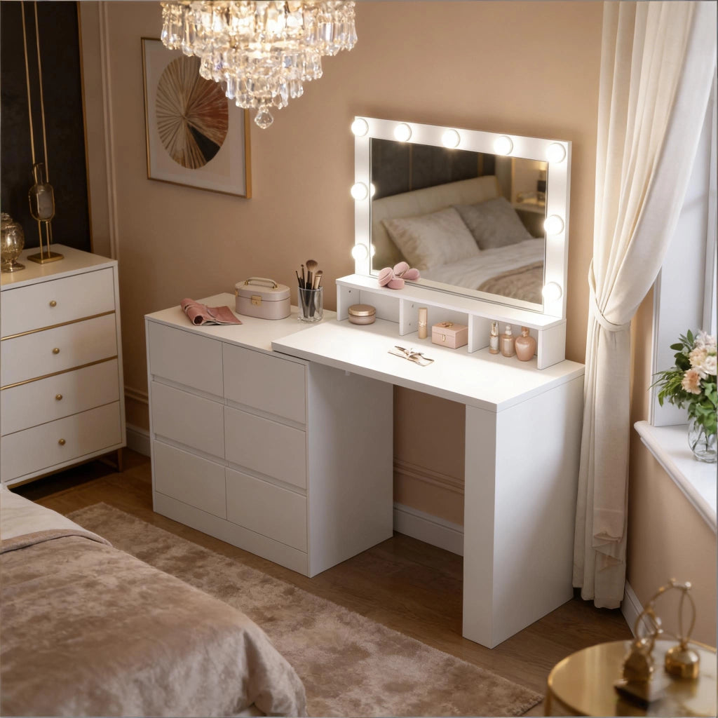 Toeletta 2 in 1 con specchio LED e mobile laterale con 6 cassetti bianca per camera da letto e trucco quotidiano