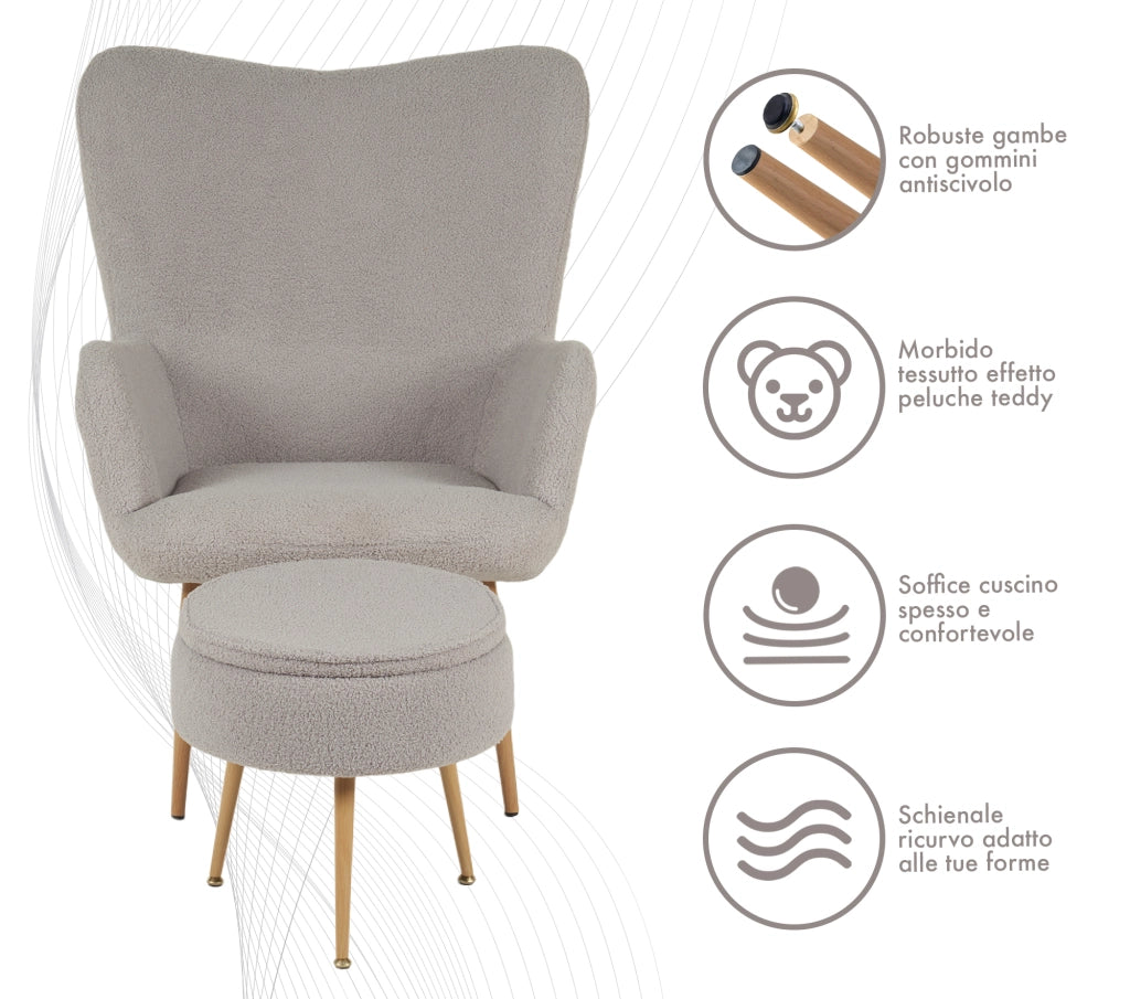 Poltrona Imbottita Ergonomica Con Schienale E Braccioli Con Poggiapiedi Contenitore Camera Da Letto Salotto Moderna Pouf Sedia Effetto Teddy Morbida - Grigio