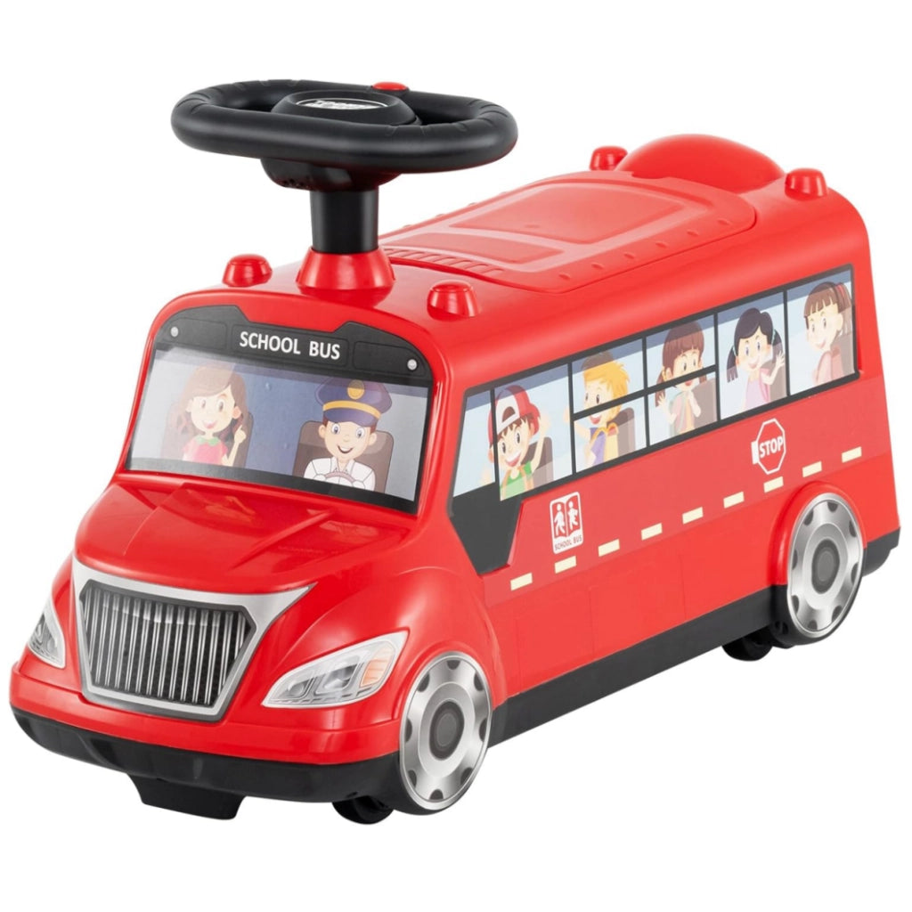Auto a spinta per bambini con pulsante musicale comparto di stoccaggio ruote universali, Autobus da passeggio Rosso-Macchinine giocattoli