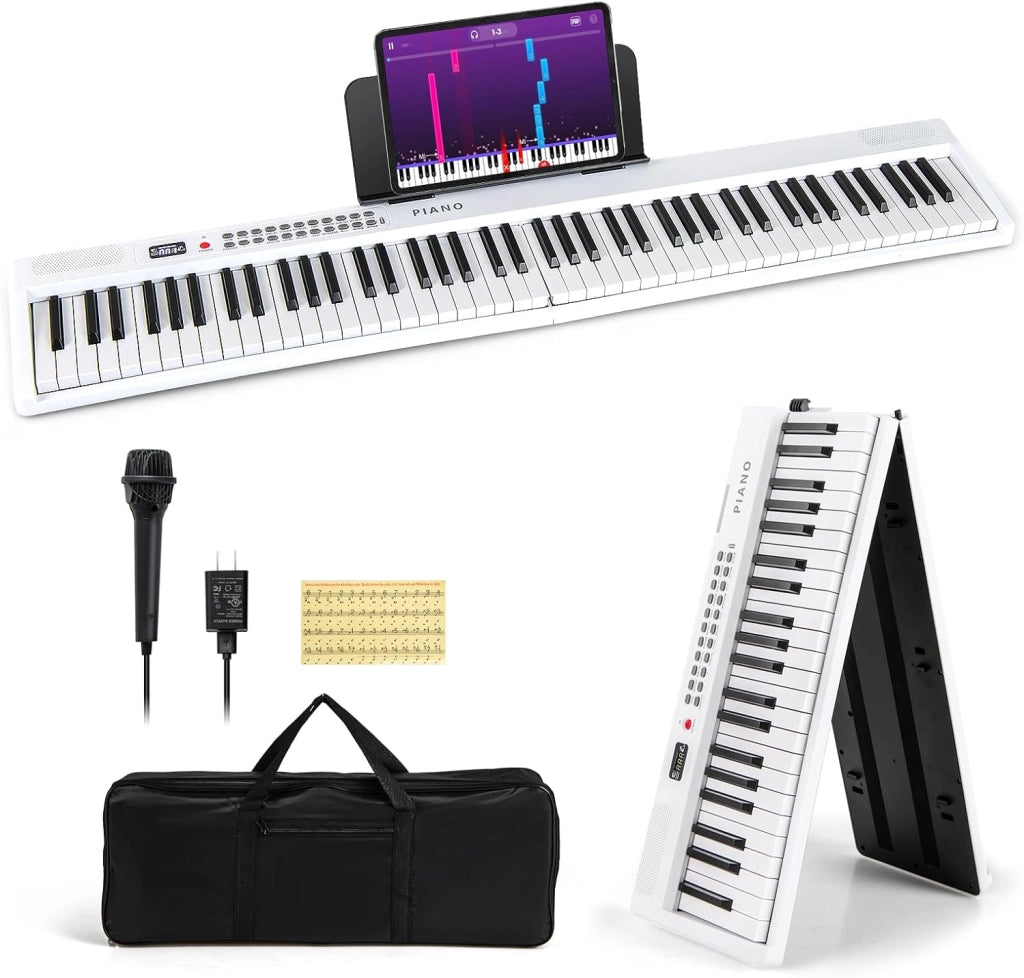 Pianoforte Elettronico Pieghevole a 88 Tasti, Piano Digitale con MIDI, 1000 Ritmi, 1000 Timbri, 150 Canzoni Demo, Registrazione, Batteria e Borsa da Trasporto per Bambini, Adulti (Bianco)