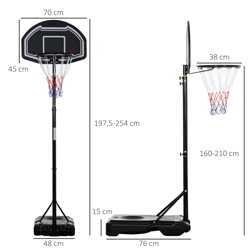 Canestro da basket da esterno per ragazzi, supporto regolabile in altezza da 160 a 210 cm con ruote.