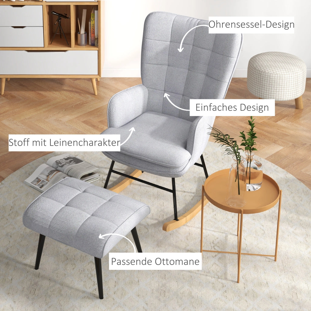 Poltrona Dondolo con Pouf ¨C Minimal ¨C Grigio, Legno, Tessuto, 64x89x90 cm