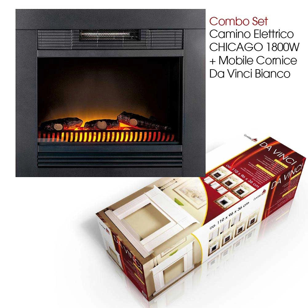 Camino Elettrico da Pavimento Chicago 1800W con Cornice in Legno Bianco