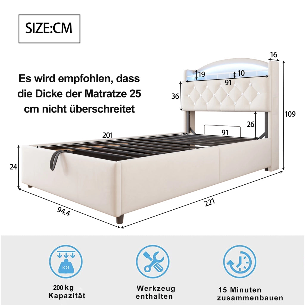 LETTO imbottito 90x200 cm in velluto beige con contenitore, LED e USB