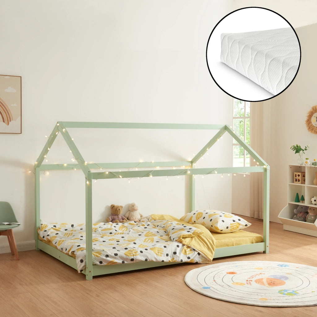 Letto per Cameretta Cerro a Forma di Casetta con Materasso 140 x 200 cm Menta Verde [en.casa]