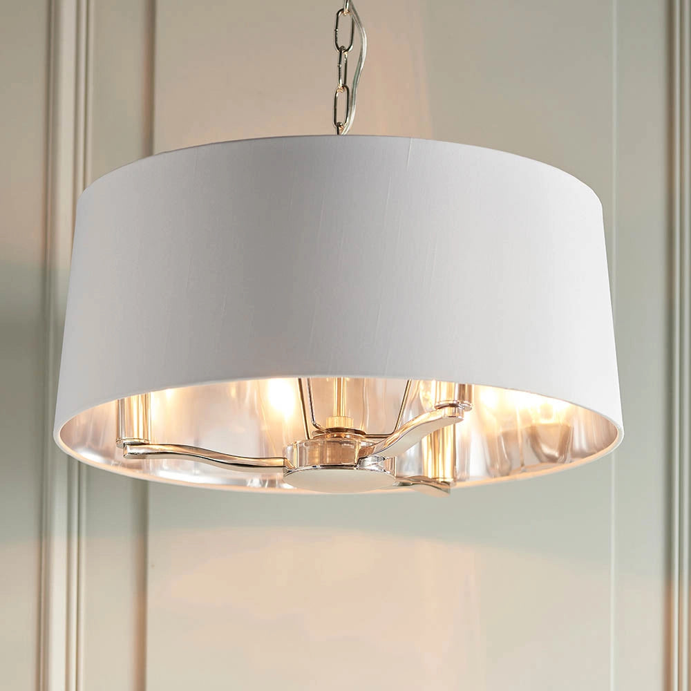 Lampada a sospensione 3 luci catena nichel paralume bianco E14