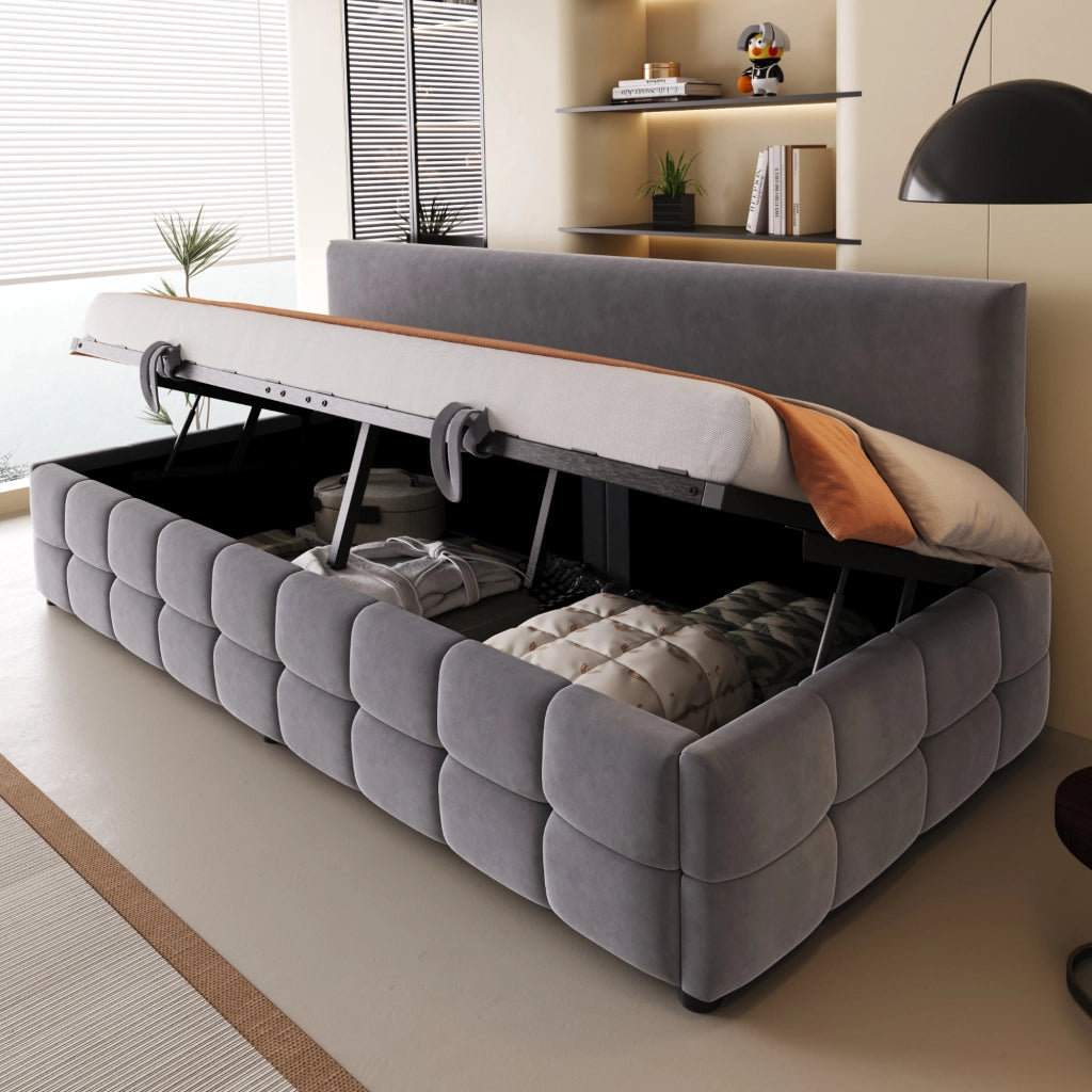DESMIU Letto divano 1 posto 90 × 200 cm con vano contenitore idraulico e schienale, senza materasso, in velluto grigio