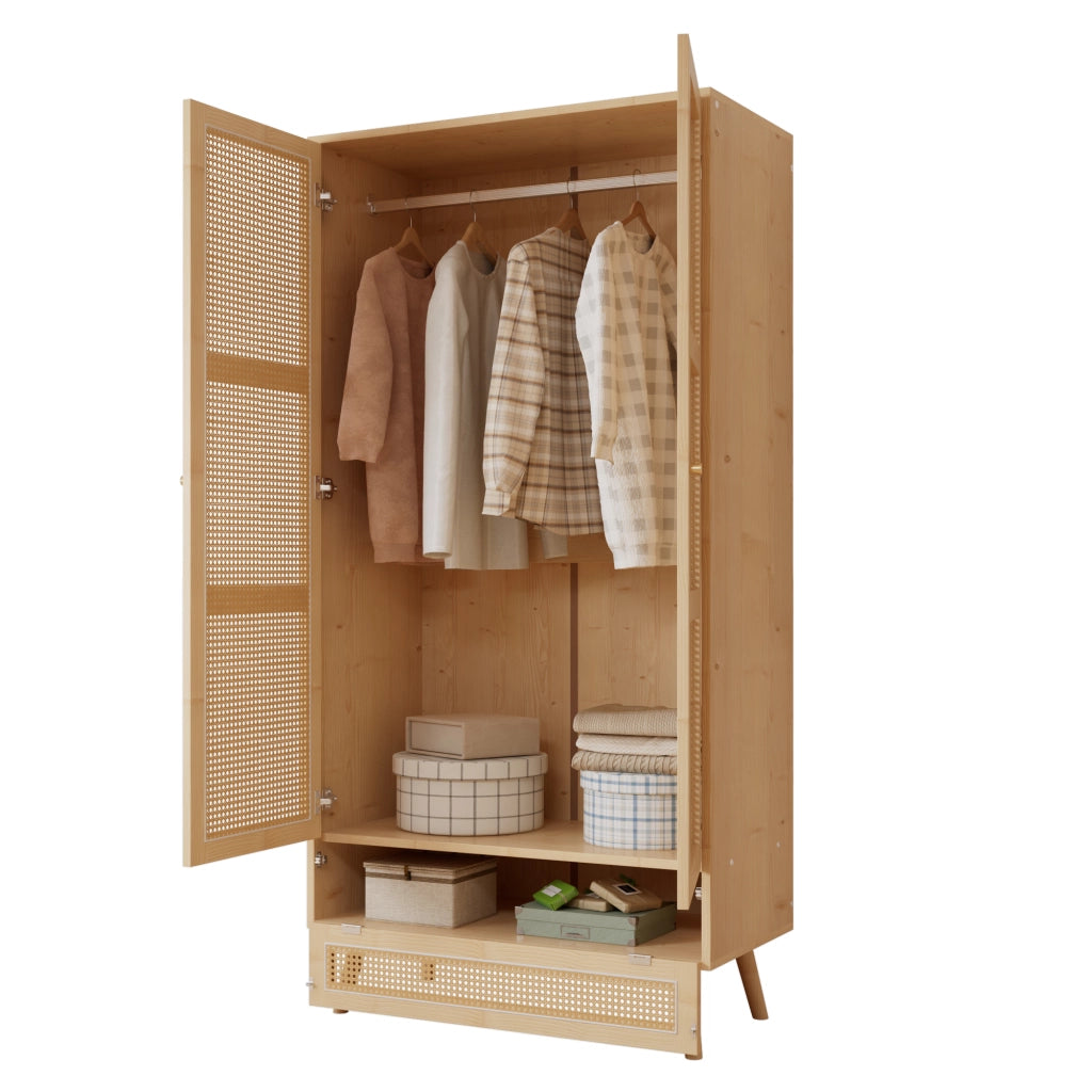 Armadio Camera da Letto 90×45×183 cm con Porte in Rattan; Barra Porta Abiti e Spazio Salvaspazio Inferiore