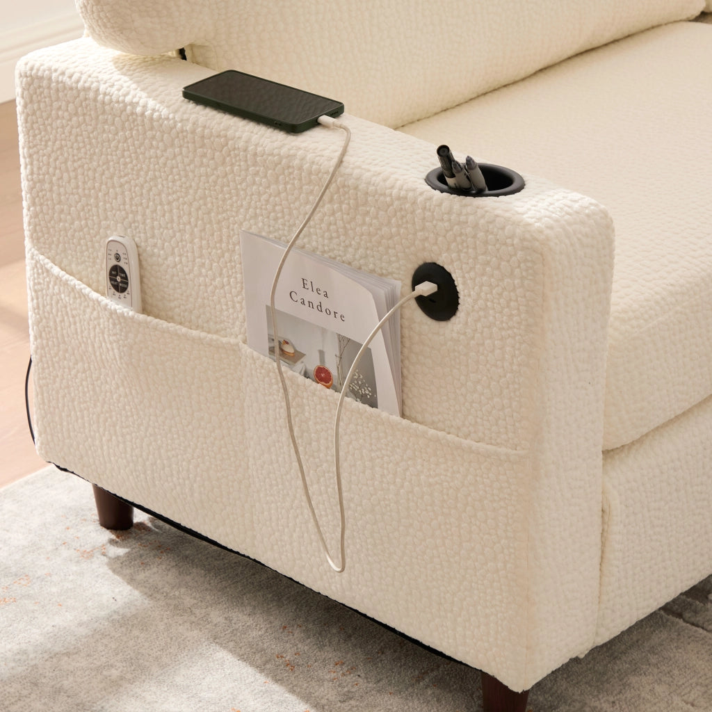 Divano a 2 posti in chenille beige con USB-C, LED, portabicchieri e tasche laterali
