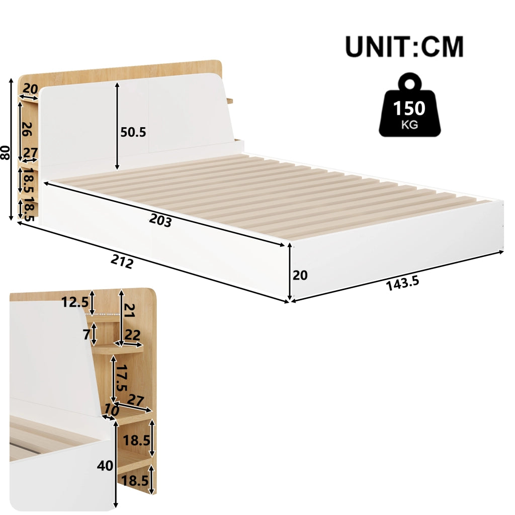 Letto contenitore 140×200 cm; letto matrimoniale con sollevamento idraulico; USB Type-C e LED; senza materasso; in pino; bianco e naturale