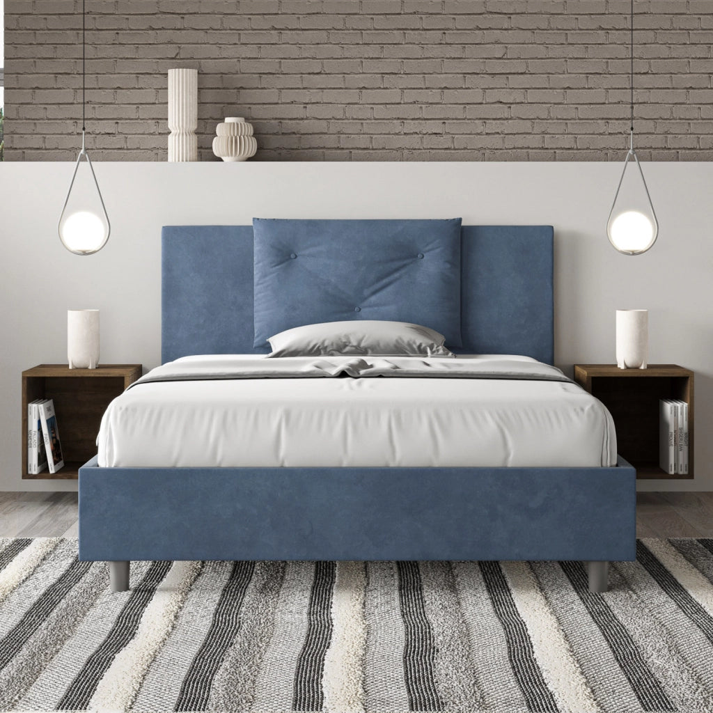 BS COM Letto una piazza e mezza senza rete imbottito 130x190 microfibra blu