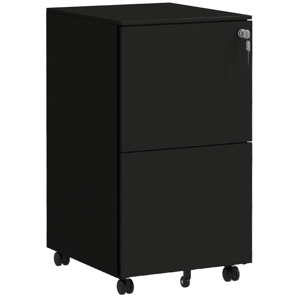 Mobiletto portadocumenti nero con ruote, dotato di 2 cassetti con serratura e rotelle in acciaio, dimensioni 37x43,5x67,5 cm, ideale per ufficio e