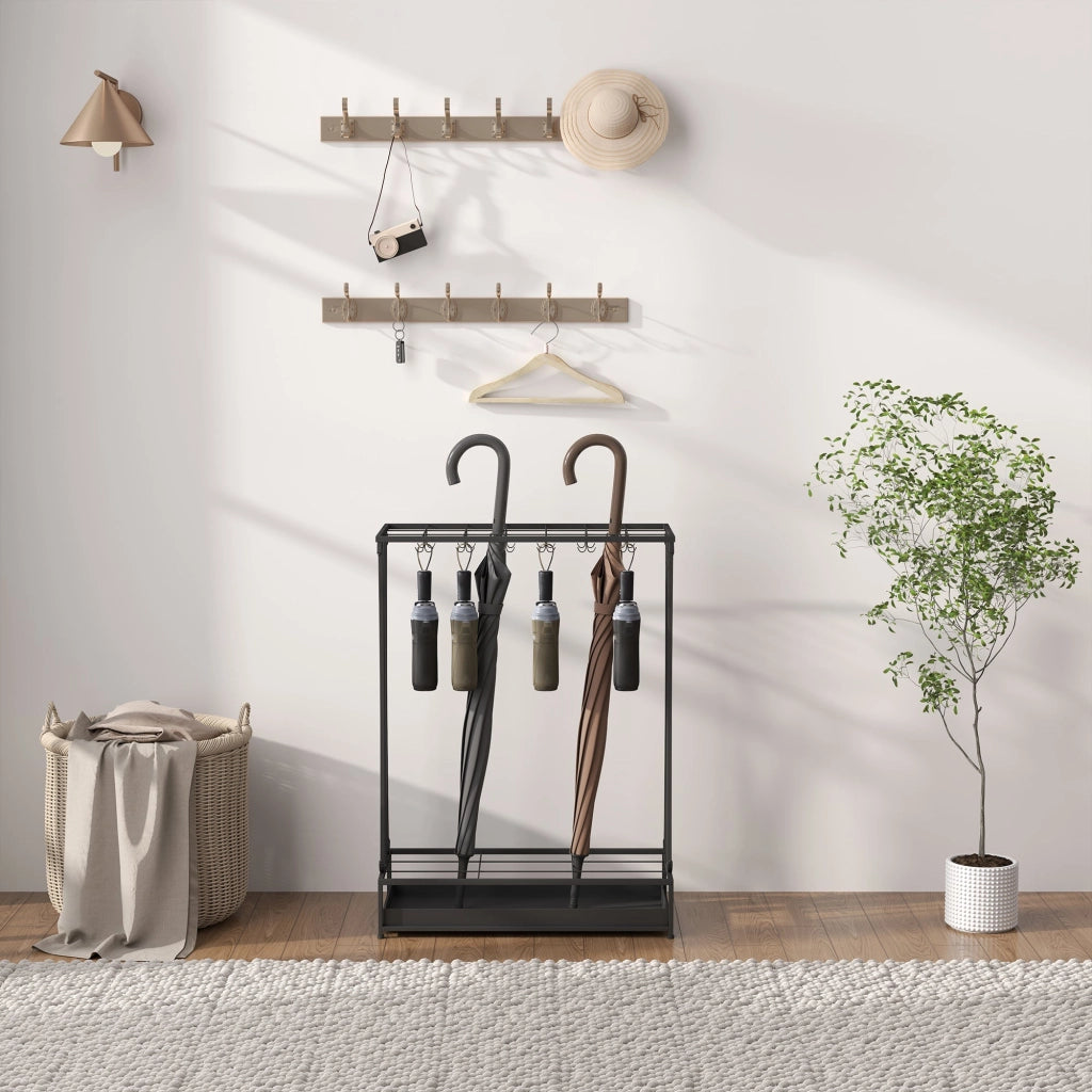 Portaombrelli 50x24x68 cm con Vaschetta per l'Acqua 21 Fori e 24 Ganci in Acciaio Nero