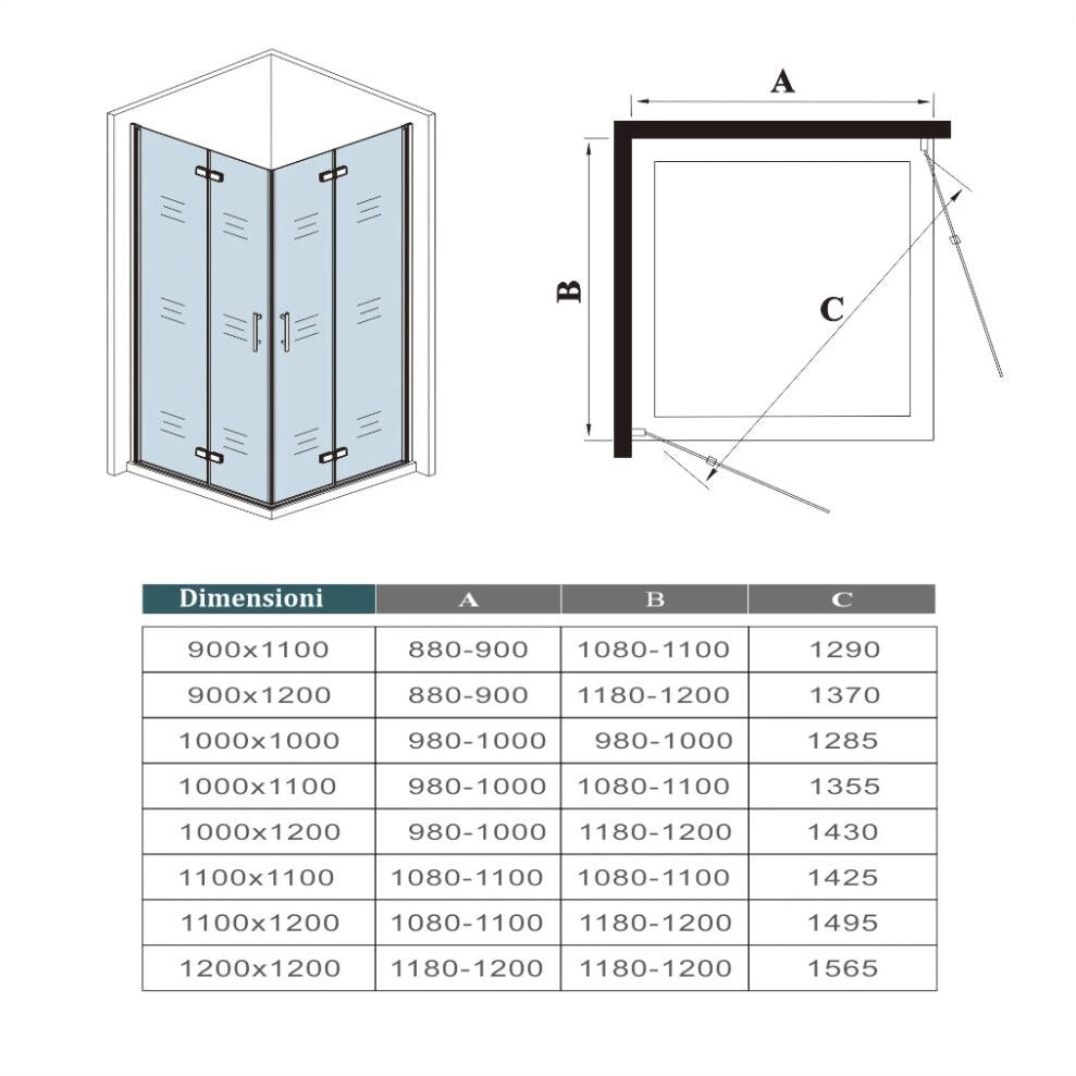 190 cm Box Doccia Angolare Doppia Porta Battente Pieghevole 100x120 cm in Vetro Temperato Trasparente 5 mm Anticalcare Telaio Nero Opaco