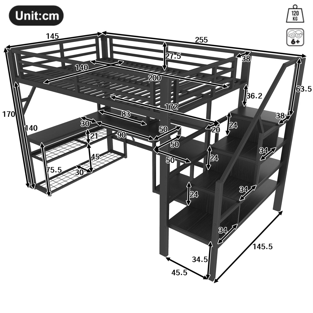 LETTO A SOPPALCO 140 x 200 cm in metallo nero con scrivania, LED e USB