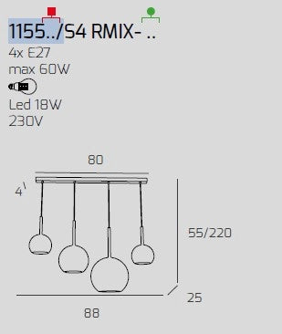 SOSP. OTTONE SAT. RETTANGOLARE 4 LUCI VETRI (1 GRANDE TR+1 MEDIO CR+2 PICCOLO(1 X OR + 1 X RA) 1155OS-S4 RMIX-MC