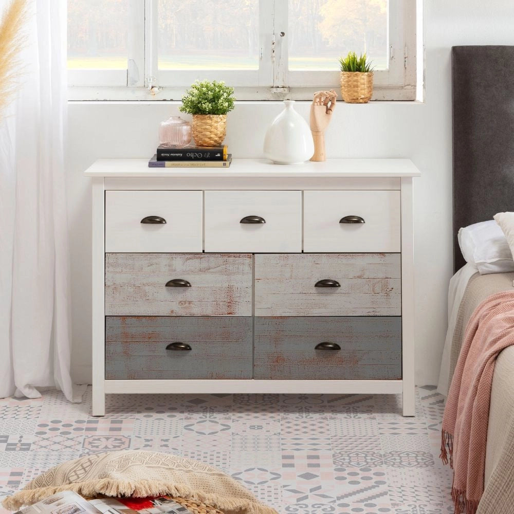 Comò in legno massiccio bianco e grigio Romantica 110x40x80H  – Eleganza Naturale con 7 cassetti