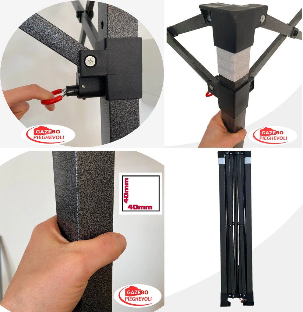 Gazebo 3x4,5m rosso certificato IGNIFUGO SENZA laterali pieghevole portatile estendibile richiudibile estensibile acciaio per fiere eventi stand chiosco tenda tendone mercato mercatino