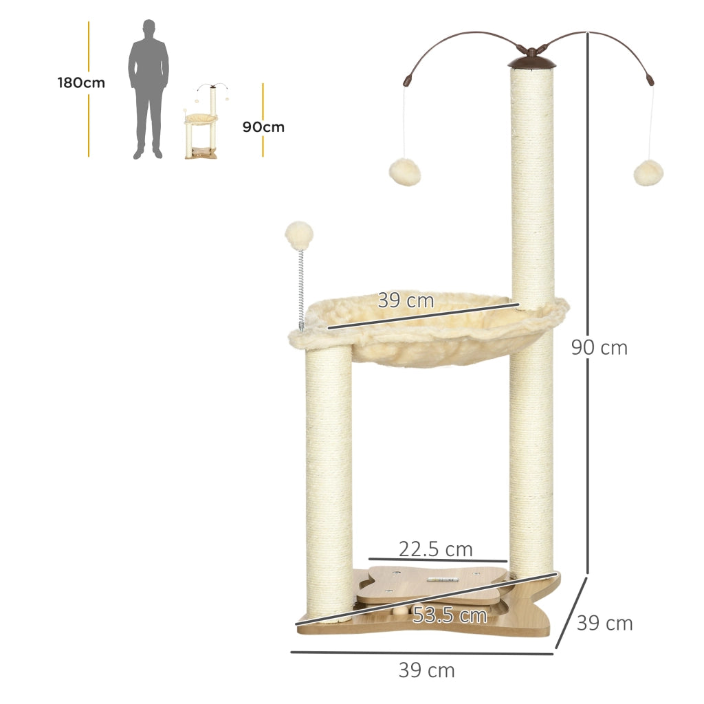 Tiragraffi per Gatti con Amaca, Palline e Pali in Sisal ¨C Minimal ¨C Beige, 53.5x53.5x90 cm