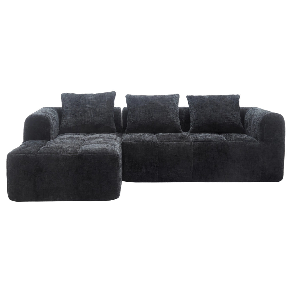 Divano angolare 3 posti con chaise longue in chenille nera; 250x158x60 cm con 3 cuscini