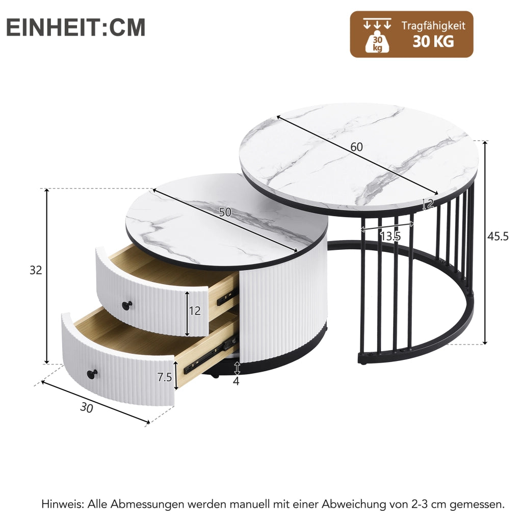 Set di 2 tavolini da salotto rotondi bianchi e neri con effetto marmo lucido, 60x60x45,5 cm e 50x50x32 cm, 2 cassetti, portata 30 kg