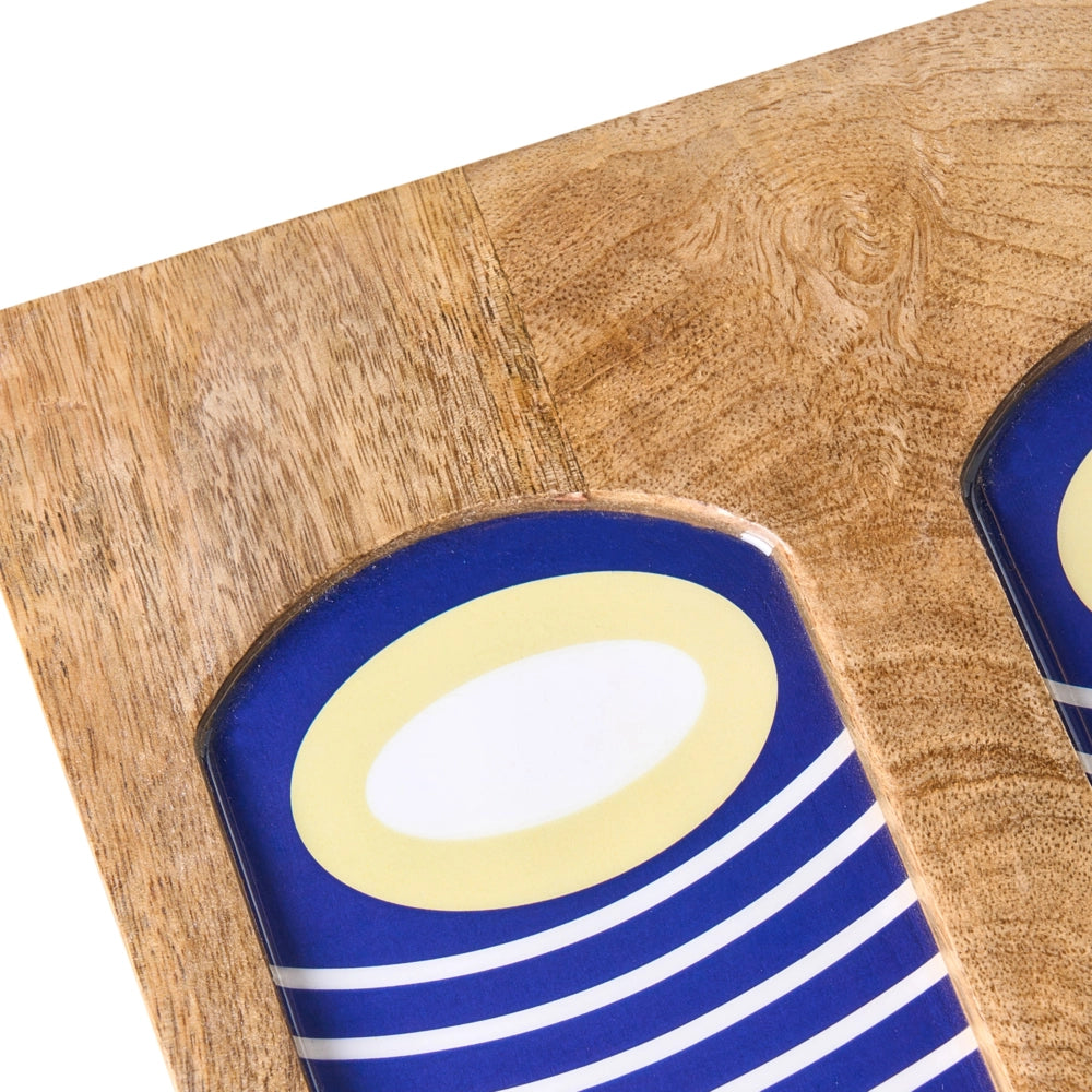 Decorazione da parete in legno di mango blu decorativa da appendere con motivo astratto a forma di volto, realizzata a mano in stile boho africano
