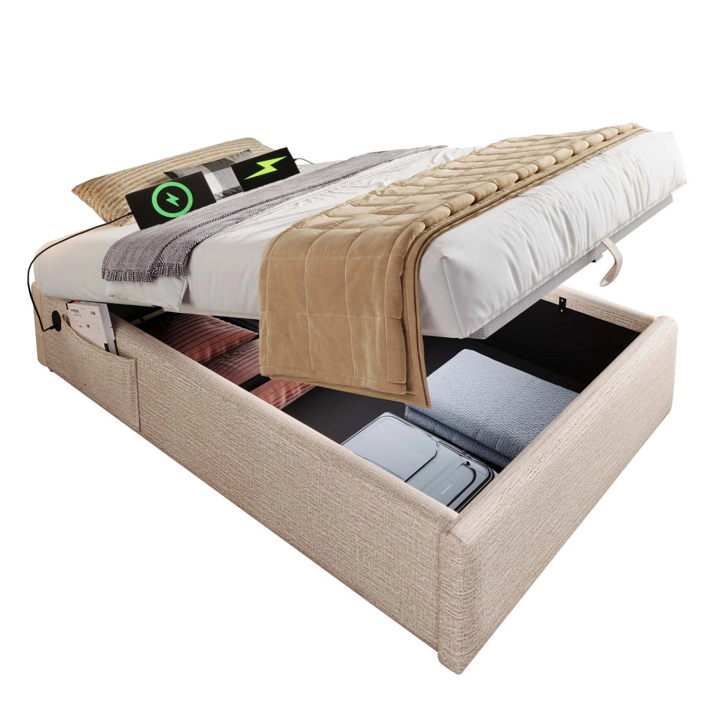 OKWISH Letto contenitore 90×200 cm, Letto Singolo con USB, Type C e Tasca Laterale, senza Materasso, in Lino, Beige Naturale