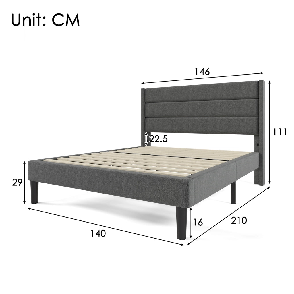 DESMIU Letto Matrimoniale 140 × 200 cm 2 Posti con Testiera Imbottita, senza Materasso, in Tessuto Grigio Scuro
