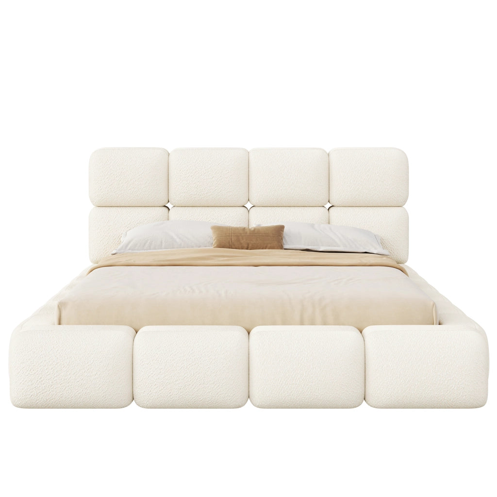 Letto matrimoniale imbottito 180x200 cm design nuvola con testiera imbottita e rete a doghe; bouclé bianco