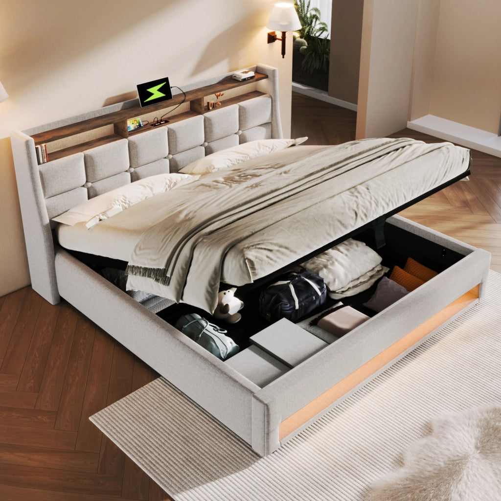 LETTO Imbottito 140x200 cm Beige con USB, LED e rete sollevabile