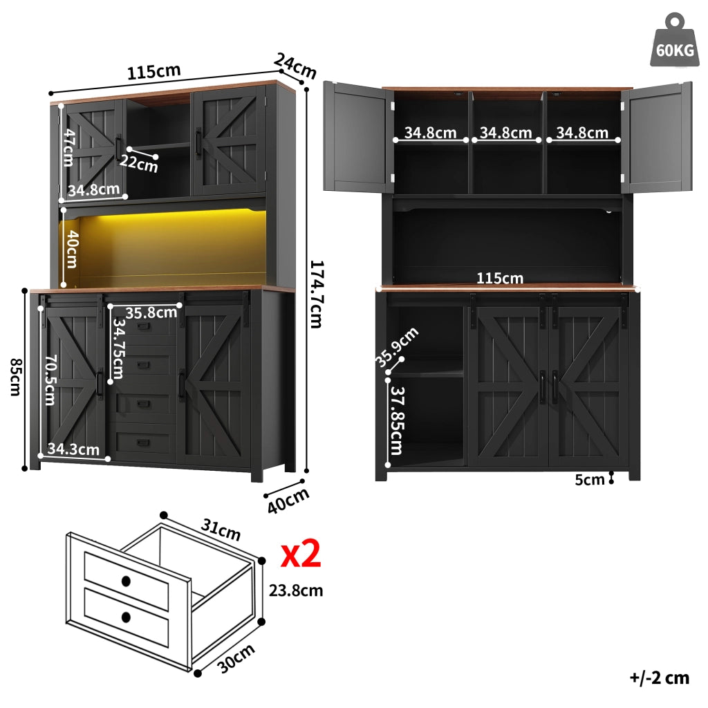 Mobile Cucina Alto con Ante Scorrevoli e LED ¨C MINIMAL ¨C Nero/Bianco, 115x40x174,7 cm