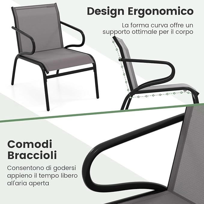 Set di 2 Sedie da Patio con Tessuto Traspirante e Struttura in Metallo, Sedie da Bistro da Esterno con Braccioli, Poltrona per Giardino Terrazza Portico, Portata 150 kg