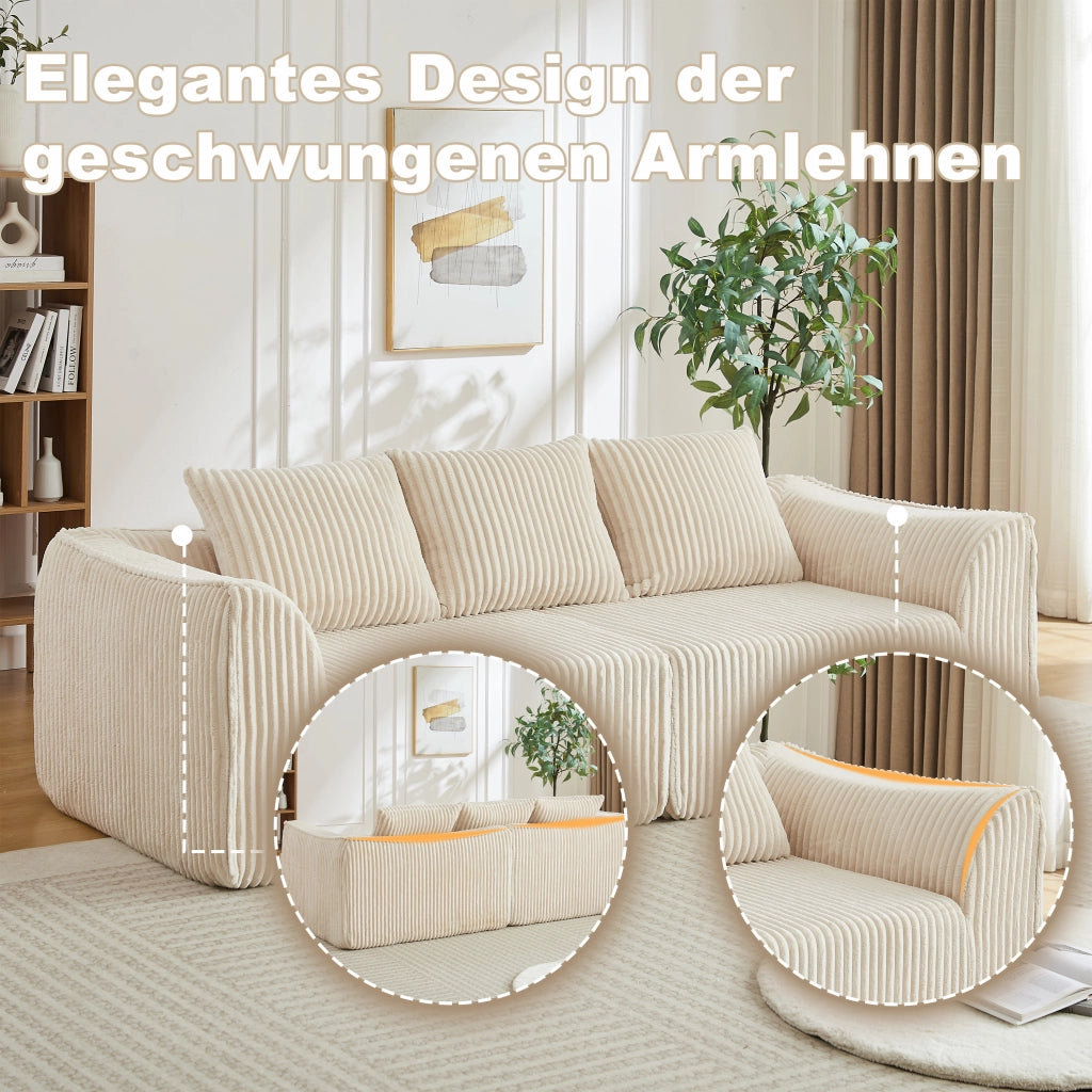 Divano modulare senza montaggio con linee curve e cuscini in velluto a coste beige 235 cm