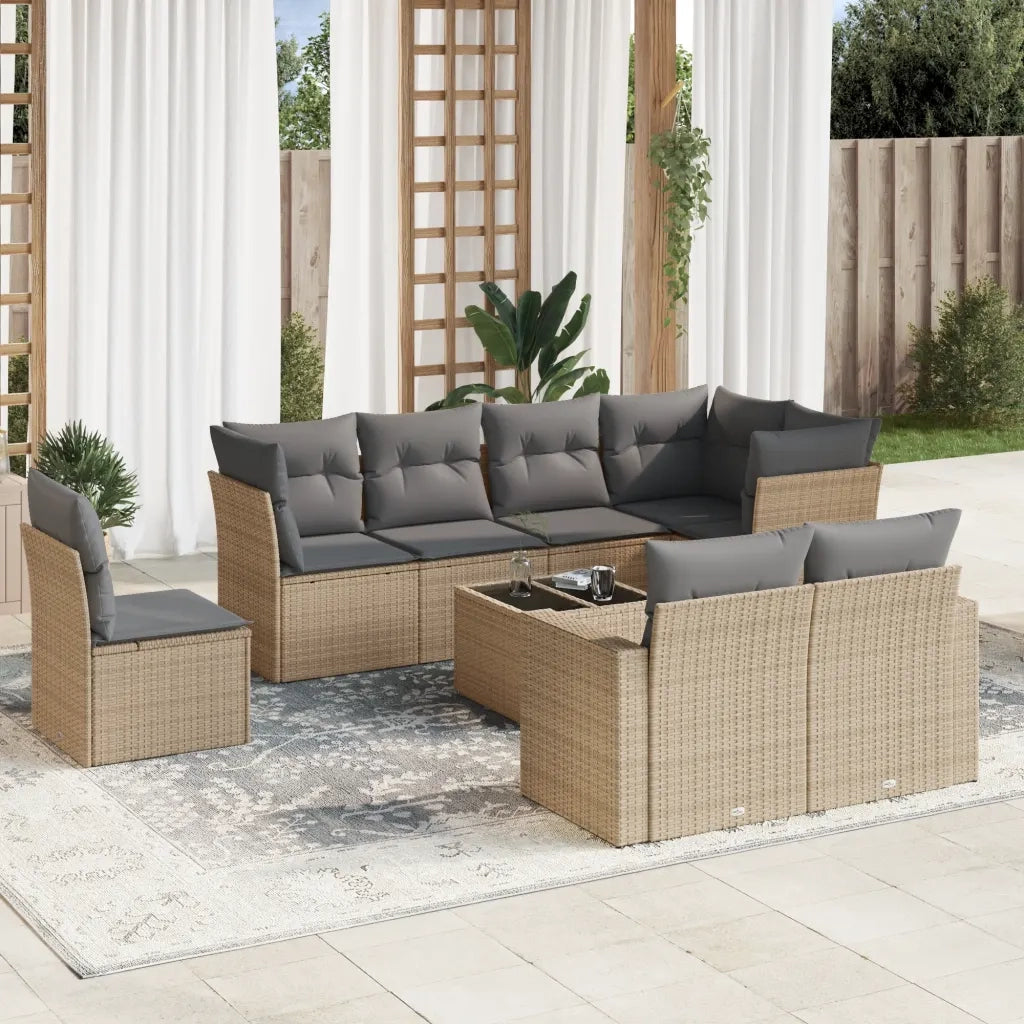 Set Divano da Giardino 9 pz con Cuscini Beige in Polyrattan