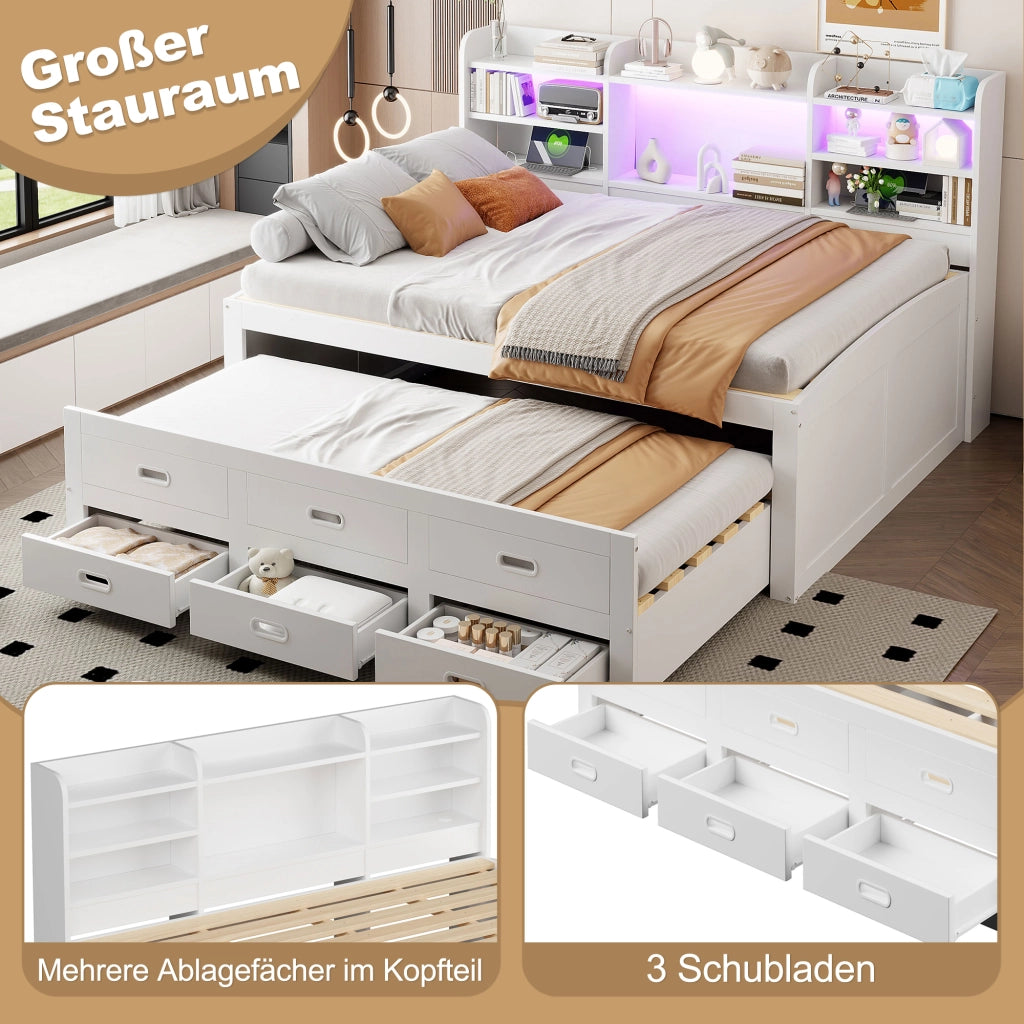 LETTO estraibile 140x200 cm Bianco con LED, 3 cassetti