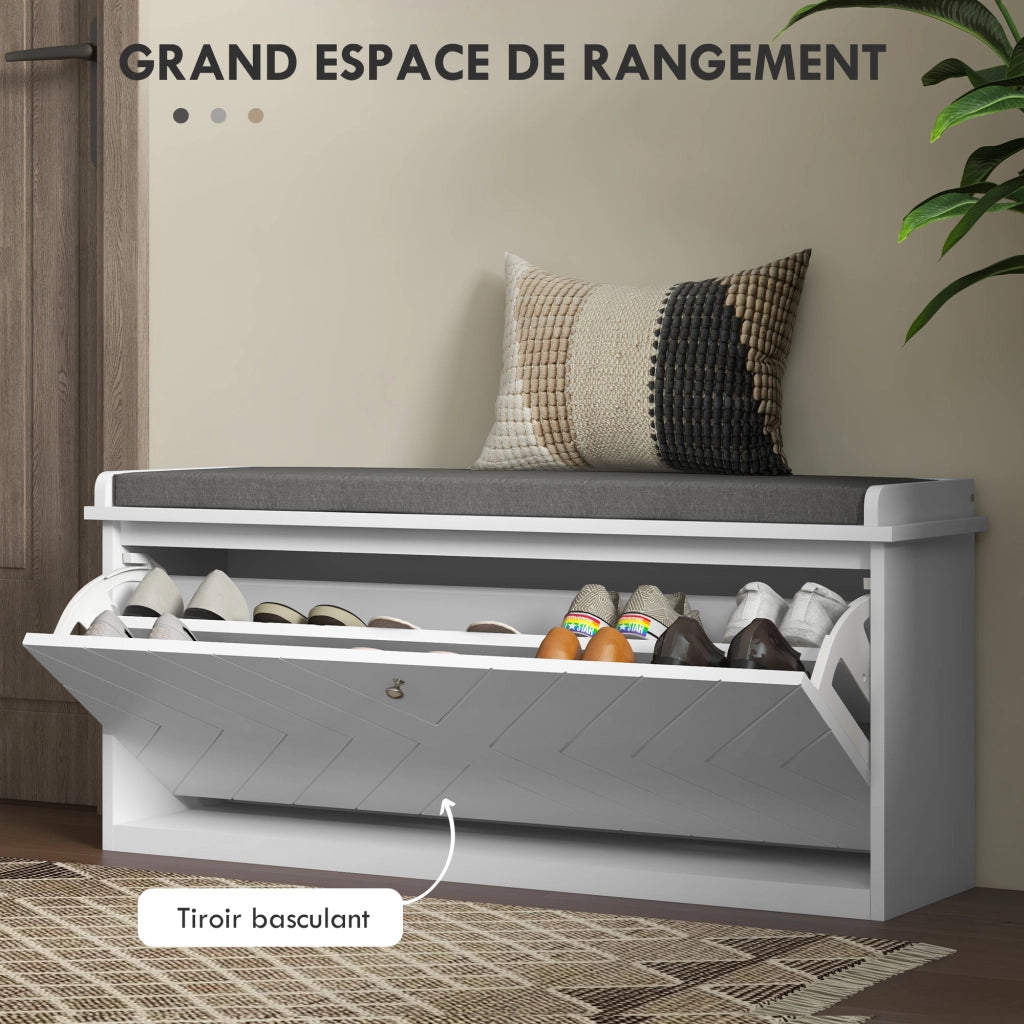 Panca porta scarpe con cassetto, cuscino e ripiano regolabile ¨C Minimal ¨C Bianco 100x26x48 cm