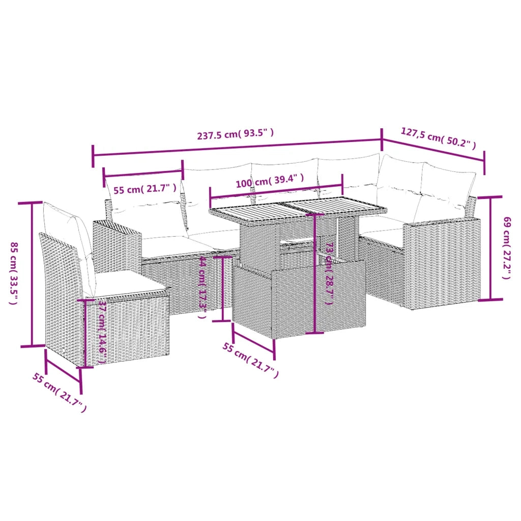 Set Divani da Giardino 7 pz con Cuscini Beige in Polyrattan