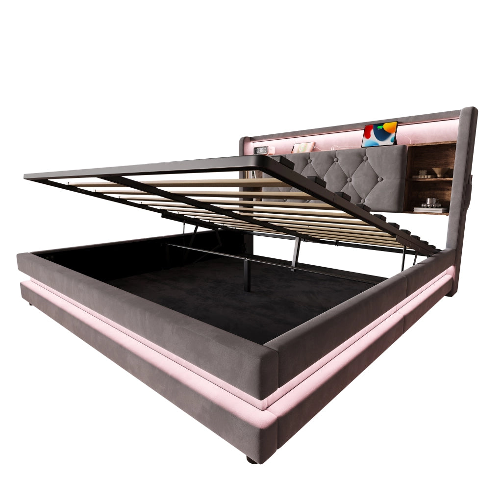 Letto Contenitore 140x200 cm; Letto Matrimoniale con LED; USB; Type-C e Ripiani