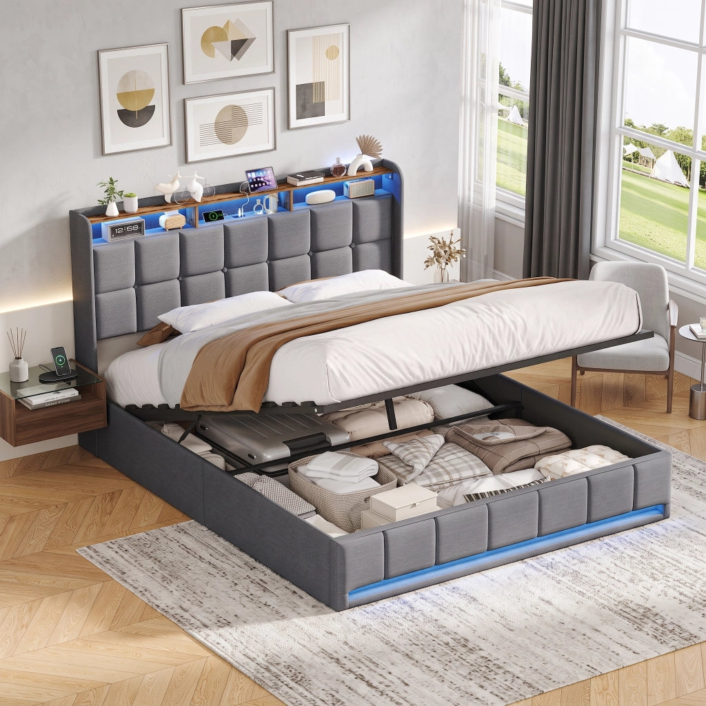 Letto matrimoniale 160x200 cm con contenitore LED USB testiera con mensola rete a doghe in lino - grigio