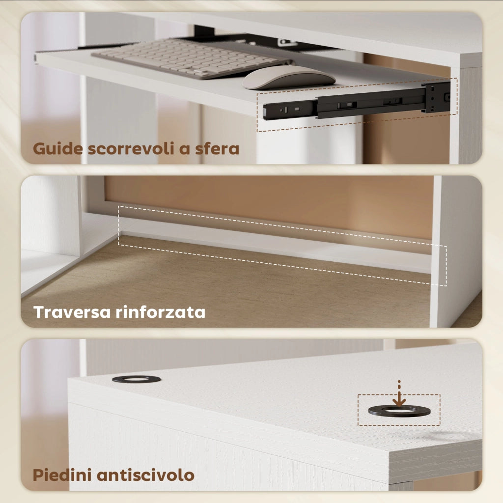 Scrivania Angolare Moderna ¨C Xylo ¨C Bianco con Ripiano Tastiera e Scaffale 4 Ripiani