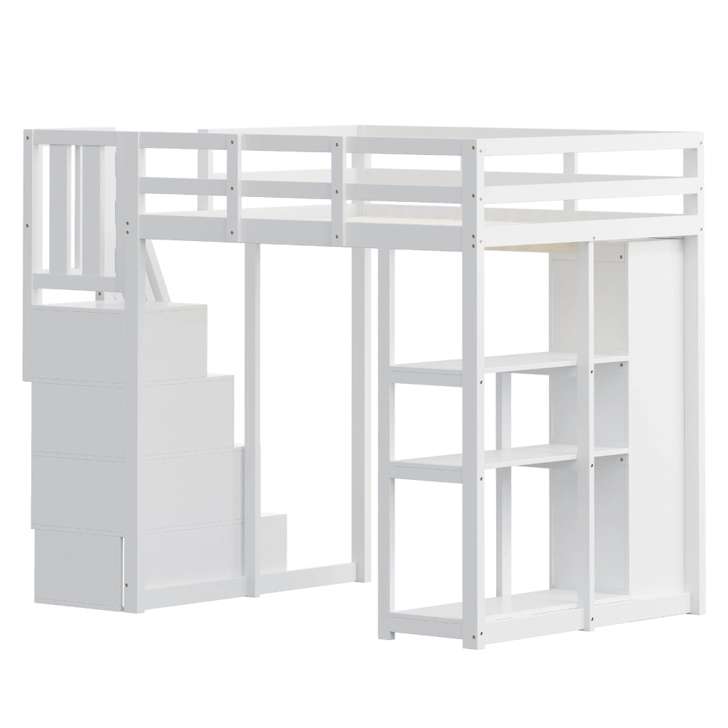 Letto a soppalco 90×200 cm e 140×200 cm con 4 cassetti; ripiani e scala; senza materasso; legno; bianco