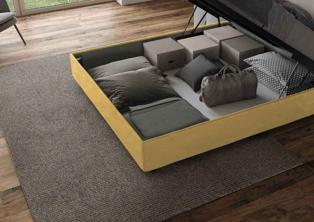 BS COM Letto queen size contenitore imbottito 150x200 microfibra ocra