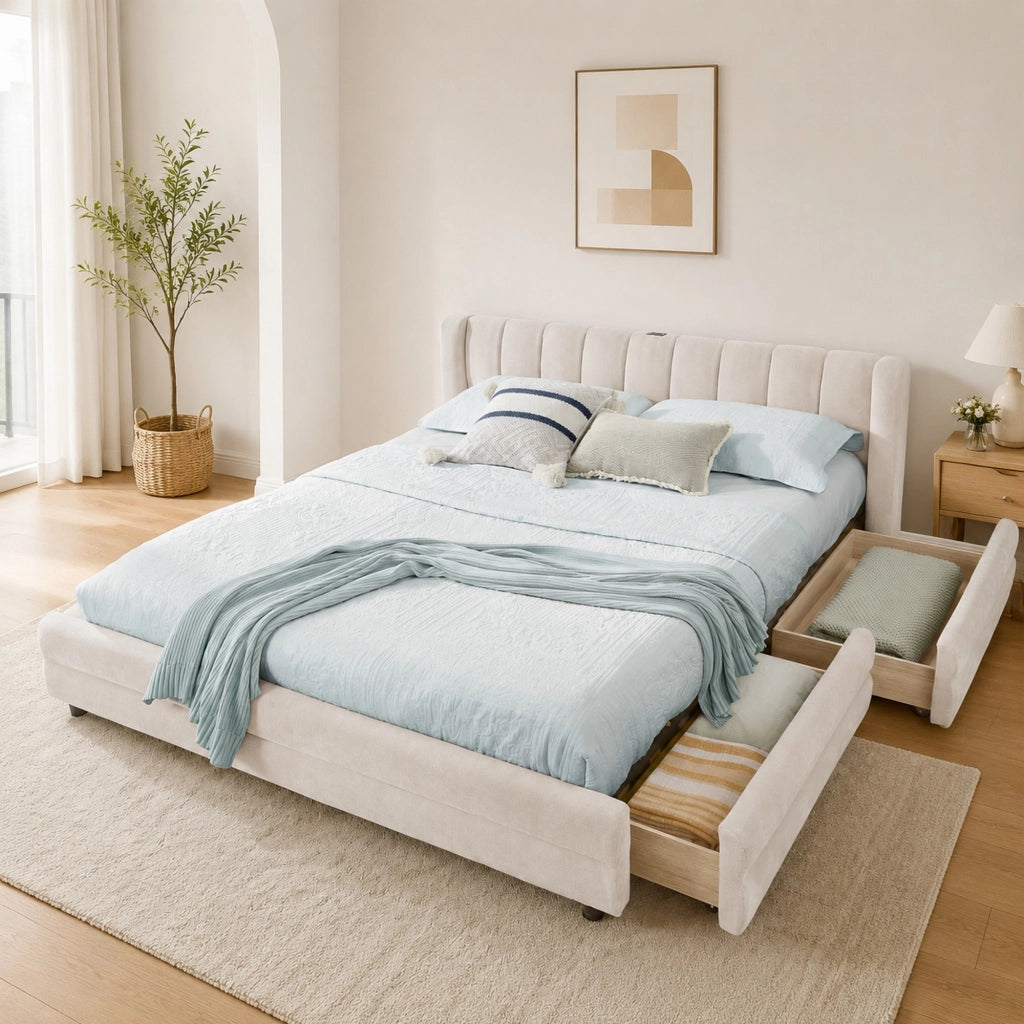 Letto matrimoniale 140x200 cm con 4 cassetti; porta USB; in chenille beige