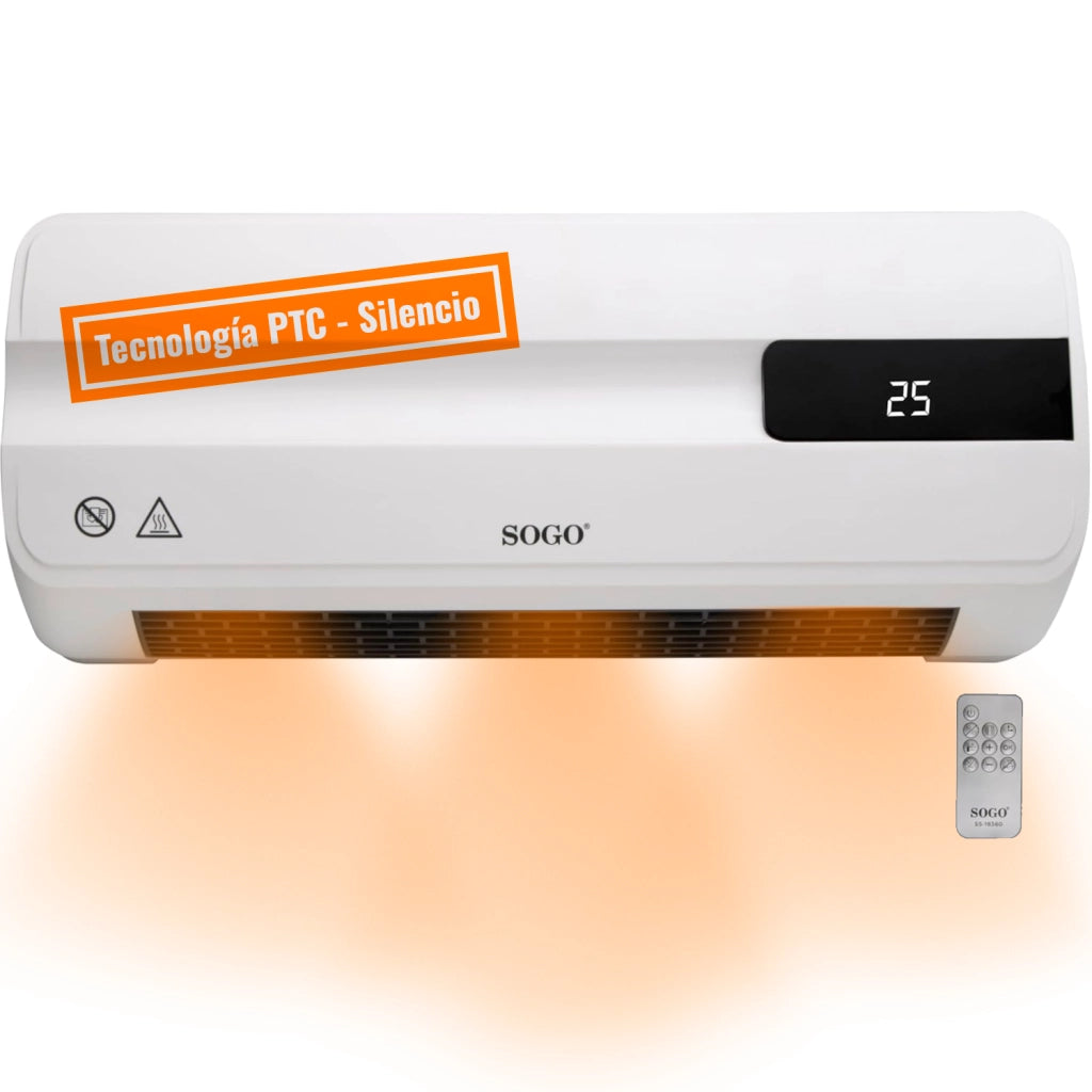 Termoventilatore da parete PTC 2000W con display LED digitale, telecomando, timer 7 giorni, termostato elettronico - SOGO