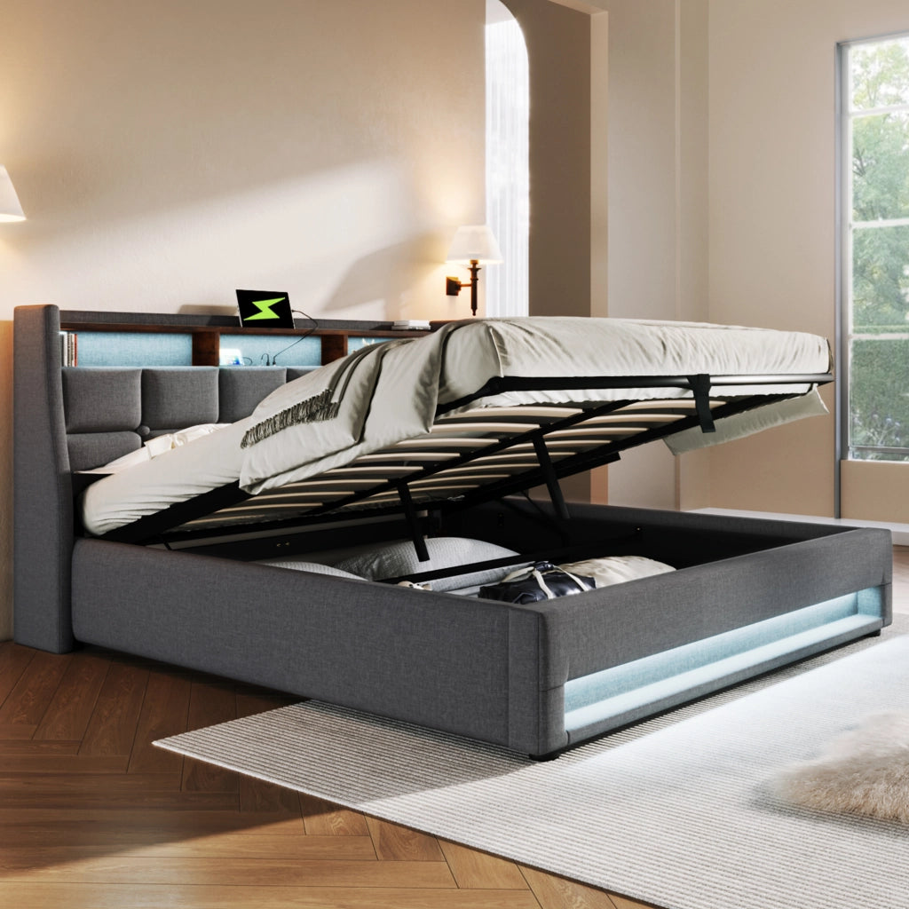 Letto matrimoniale contenitore 140×200 cm con LED; USB; testiera imbottita e materasso incluso; grigio
